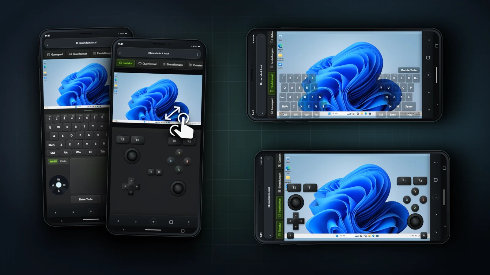 Steuere deinen Windows-PC im Handy-Browser: Tastatur, Touchpad und virtuelles Gamepad direkt in der Hand. Ohne zusätzliche Handy-App. Mach es dir beim Spielen gemütlich, miau.