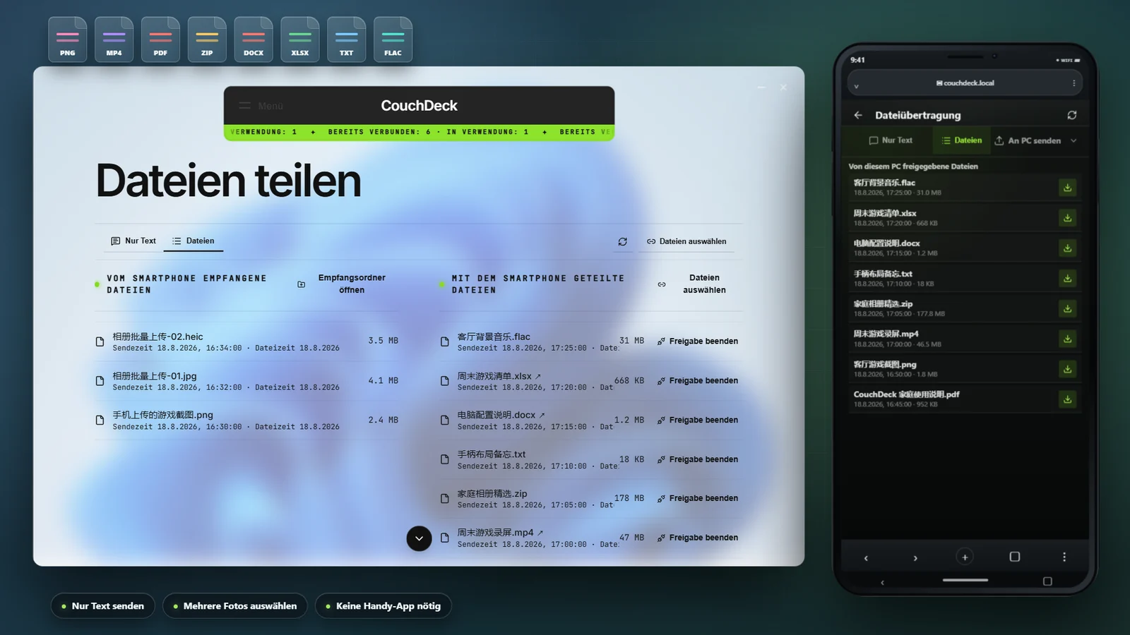 Während der Verbindung Text und viele Dateitypen übertragen