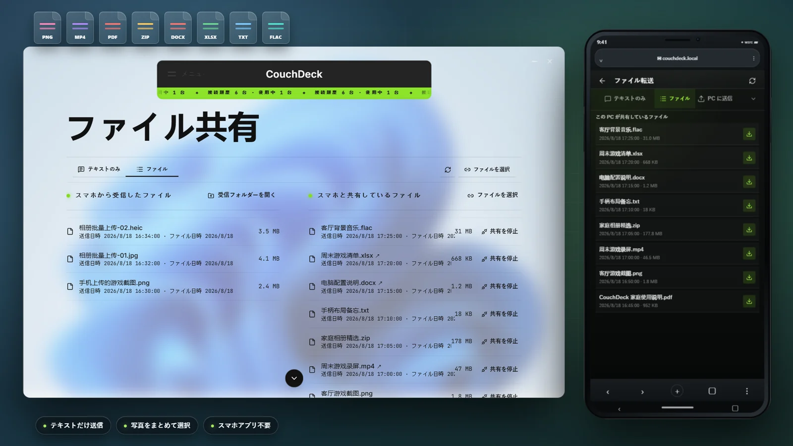 接続中に文字とさまざまなファイルを転送