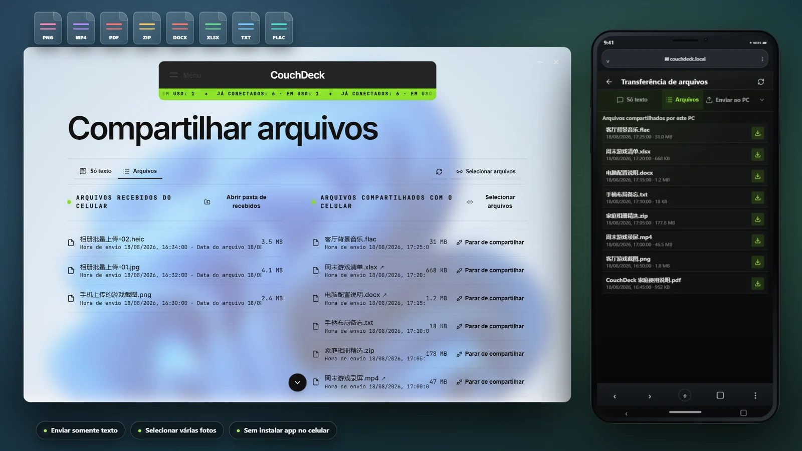 Transfira texto e muitos tipos de arquivo durante a conexão